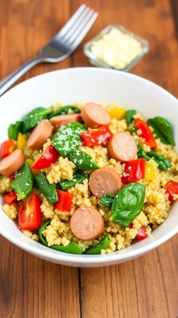 A colorful quinoa bowl with Italian chicken sausage, bell peppers, spinach, and Parmesan cheese on a wooden table.